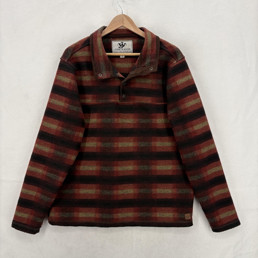 John Wayne Sweater Mens Medium Plaid Fleece Snap Up Pullover Western Brown Red